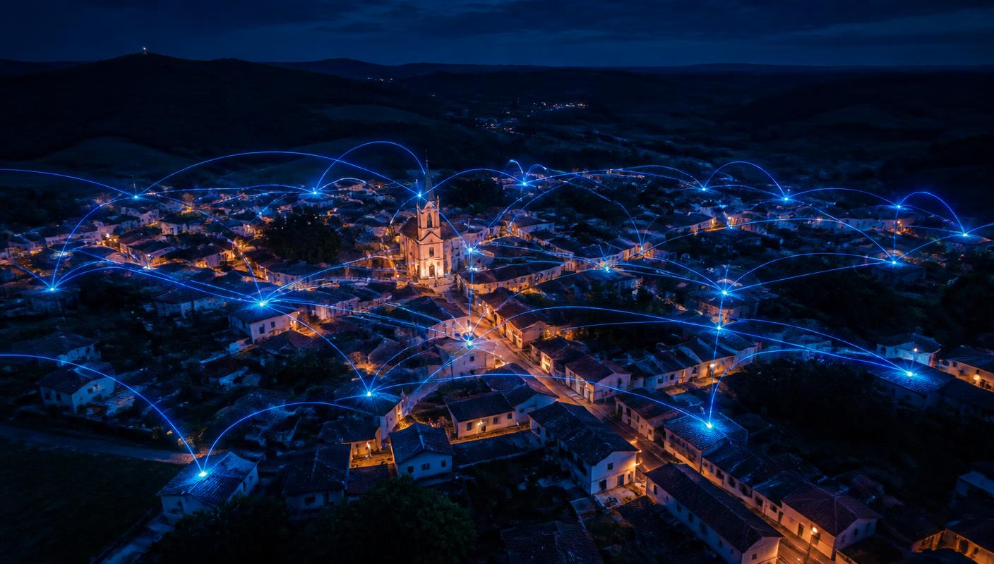 Vista noturna de uma cidade conectada por fibra óptica da Interlink