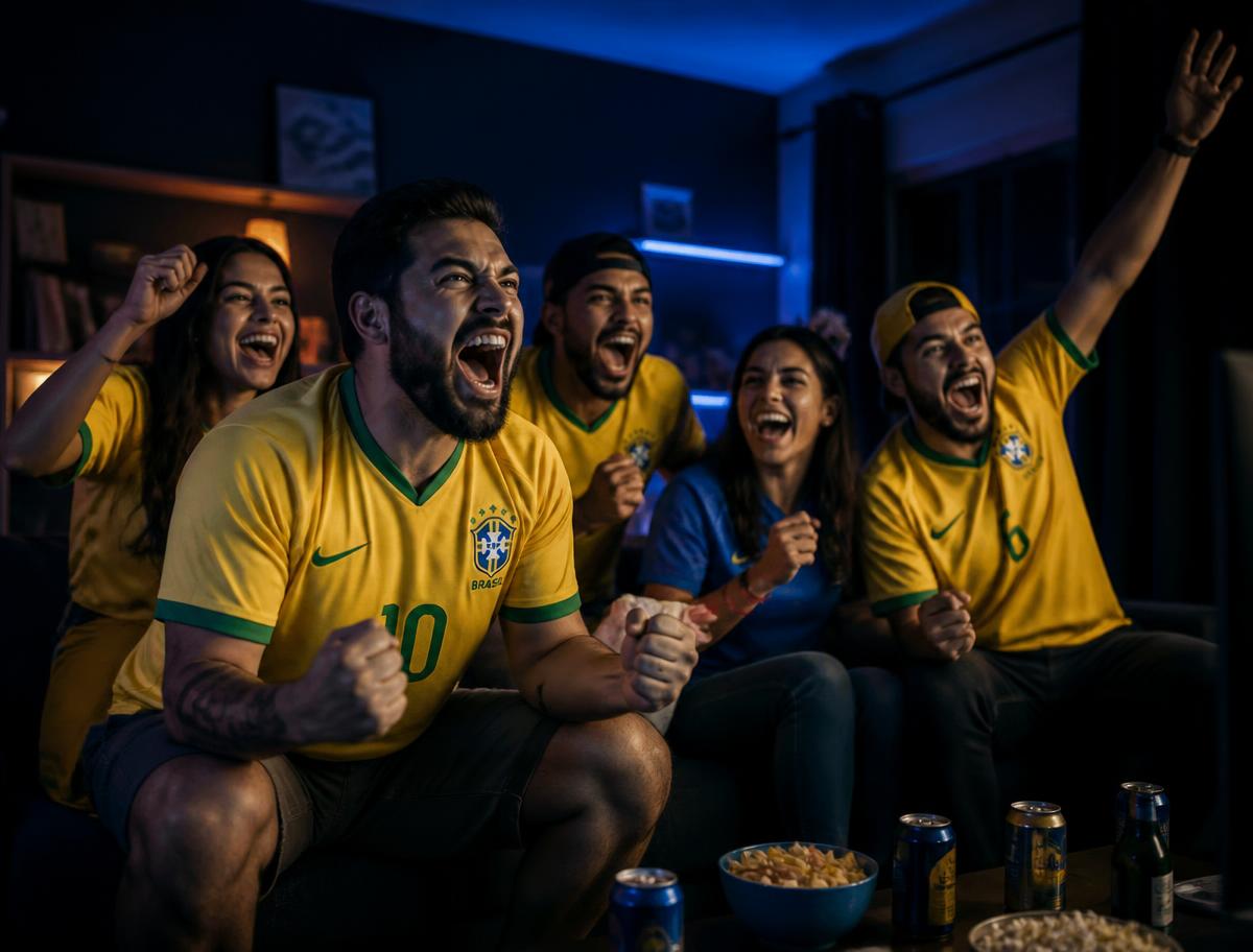 Torcedores comemorando um gol assistindo ao jogo em casa